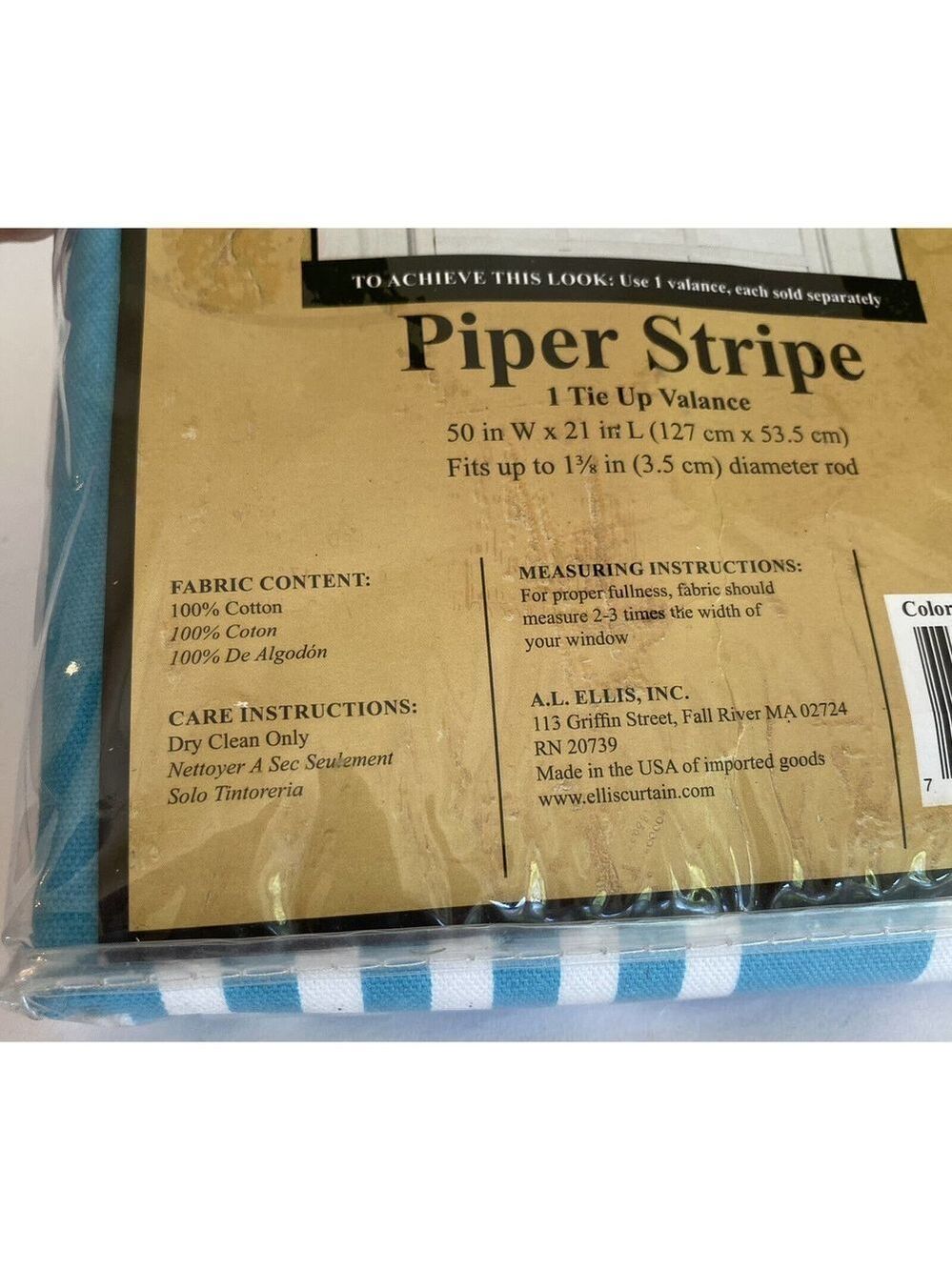 A L Ellis One 50” Tie Up Valance Piper Stripe Teal White 100% Cotton - Picture 4 of 4
